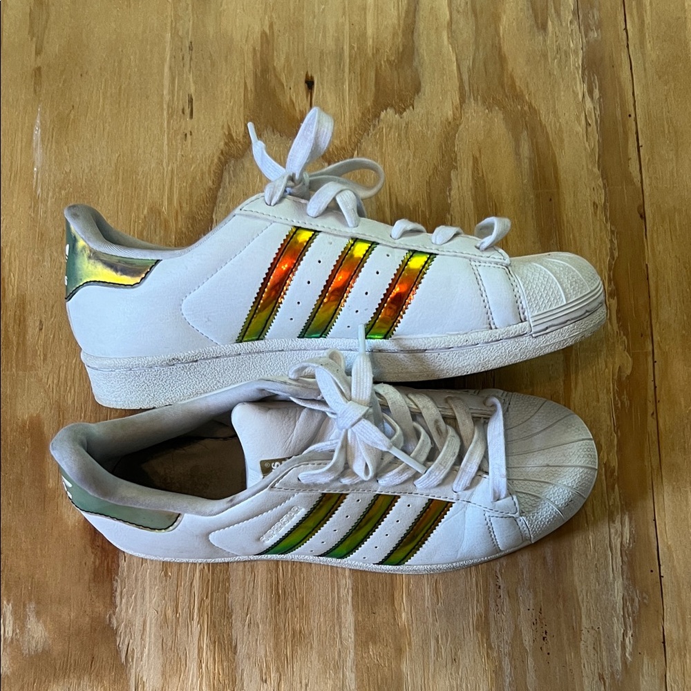 Adidas Sneakers with Holographic Green-Orange Stripes